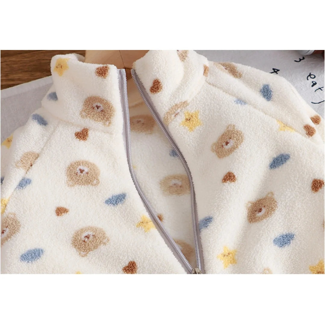 Baby Boy Girl Plush Fleece Tracksuit Sets 1-8Y Thickened Warm Cartoon Print Zipper Jacket Pants 2Pcs Kids Autumn Winter Outfit