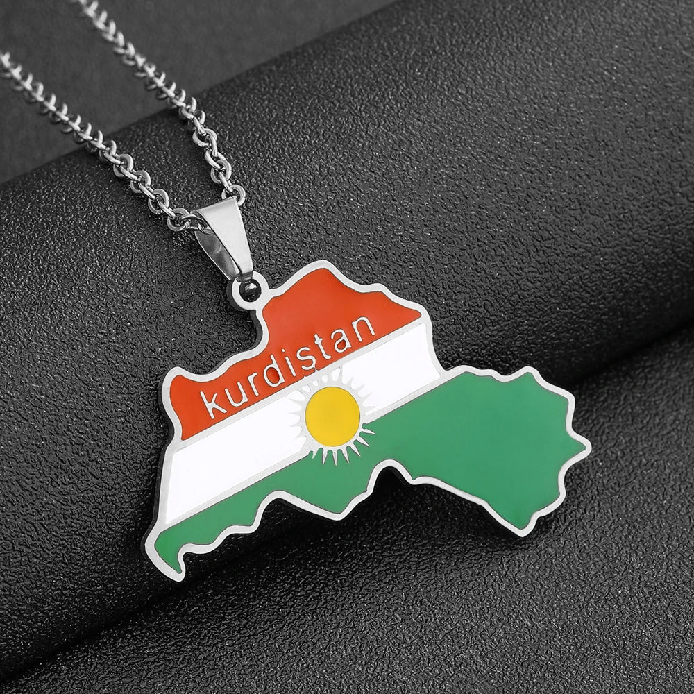 Kurdistan Map Flag Pendant Necklace Stainless Steel Gold Silver Color Men Women Country Map Jewelry Gift