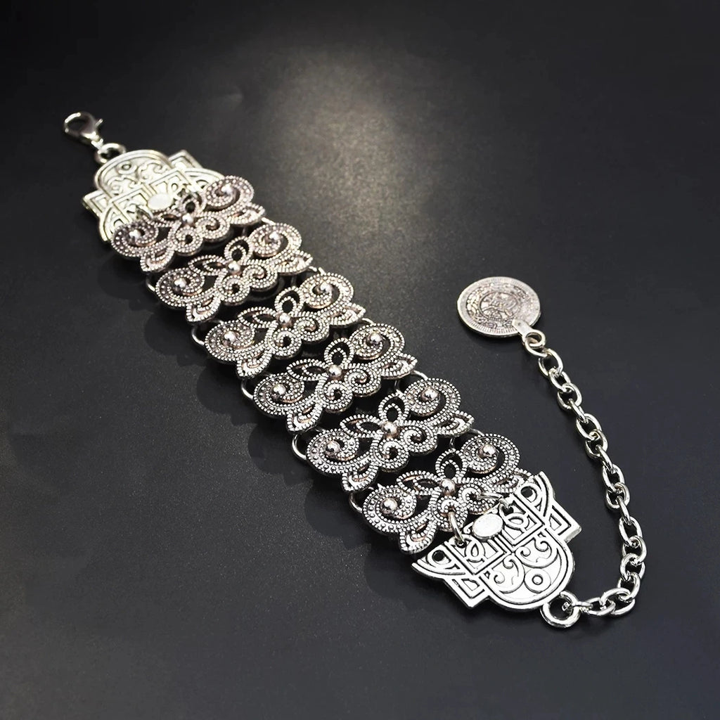 Vintage silver coin bracelet for women, featuring a boho beach, Turkish, ethnic, tribal, elegant design; vintage Tibetan bangles; Indian jewelry.