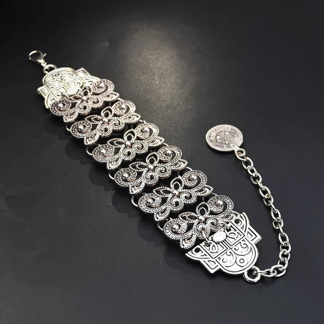 Vintage silver coin bracelet for women, featuring a boho beach, Turkish, ethnic, tribal, elegant design; vintage Tibetan bangles; Indian jewelry.