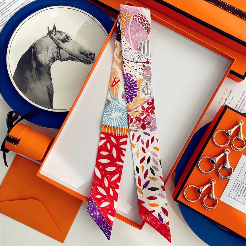 100% Silk High Quality Luxury Brand Scarf Women Headband Hair Band Foulard Tie Ribbon Neckerchief Skinny Scarves Accessories
