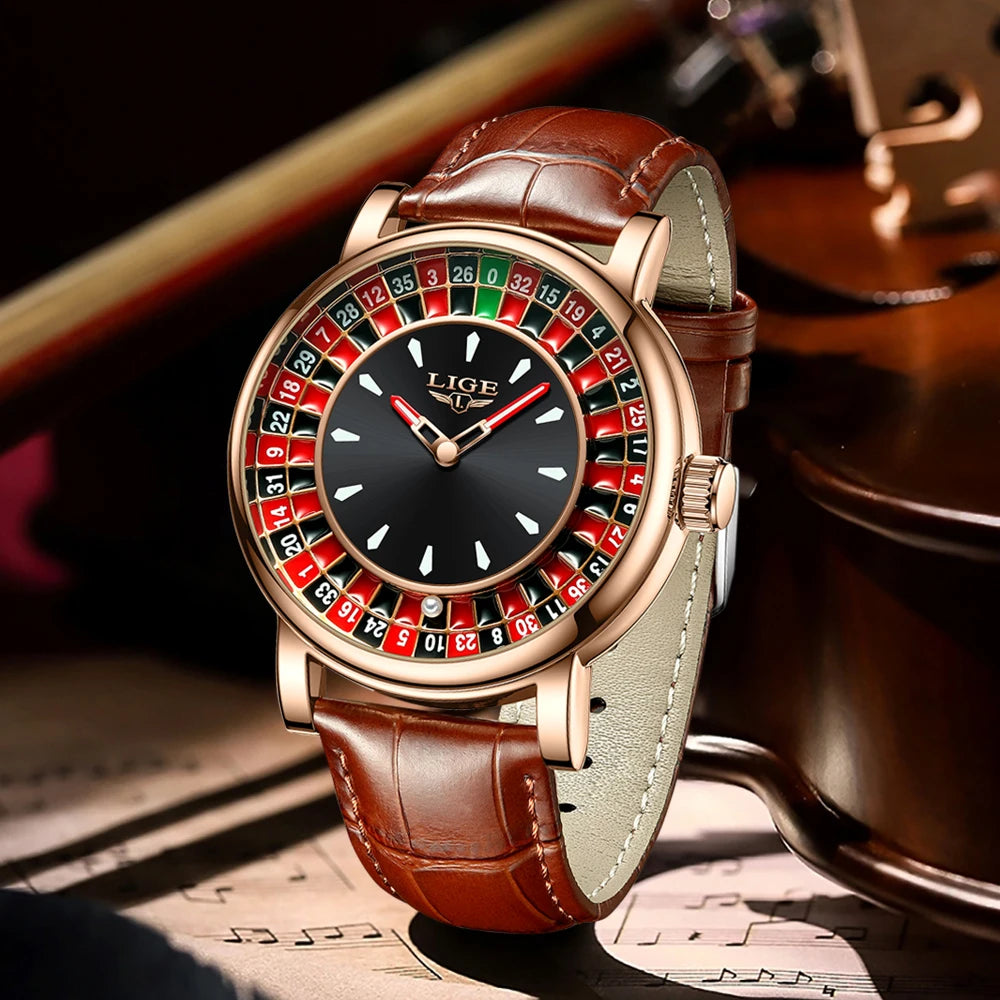 LIGE Fashion Brown Leather Men Watch Rotating Dial Las Vegas Roulette Desktop Theme Watch Men Waterproof Luminous Clock Watches