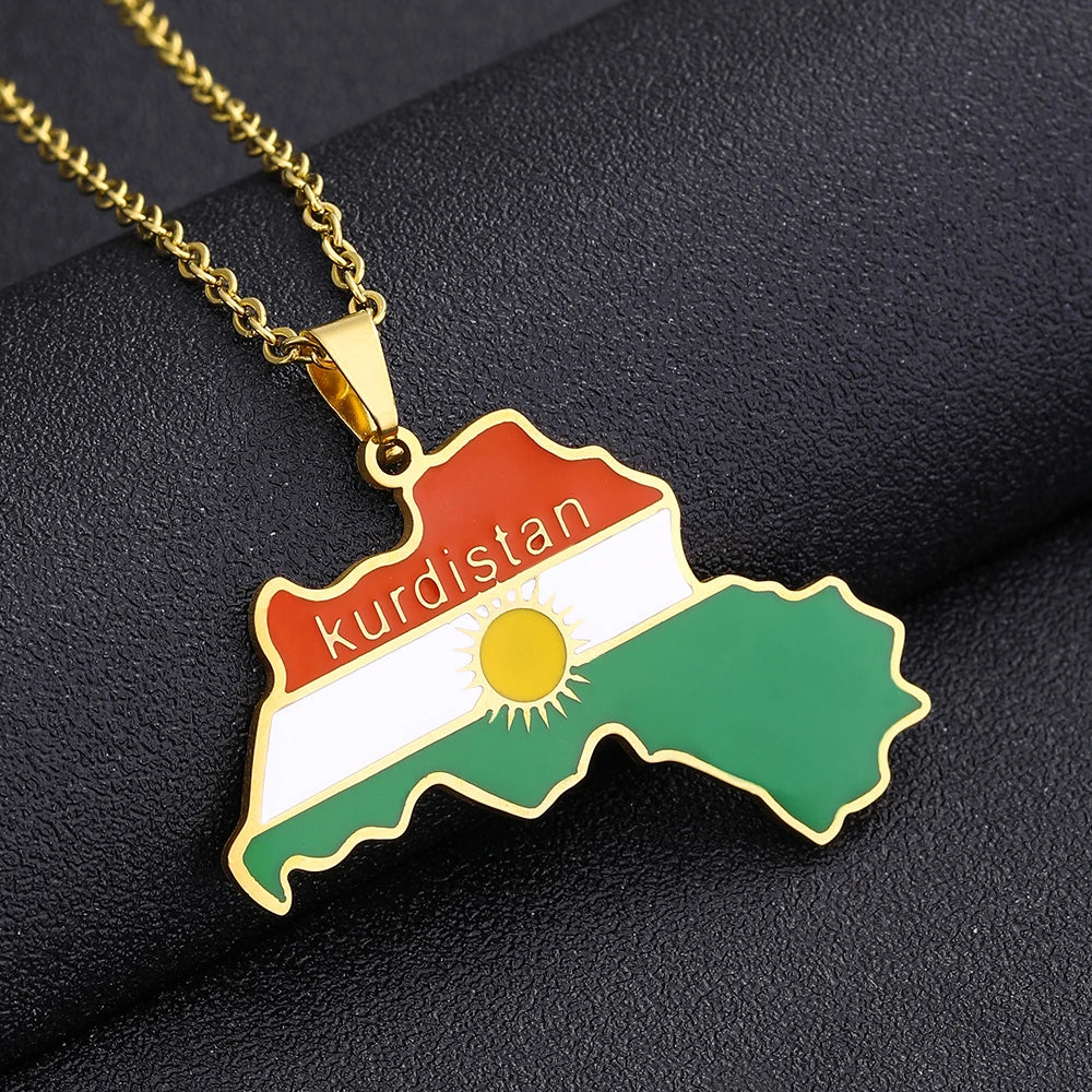 Kurdistan Map Flag Pendant Necklace Stainless Steel Gold Silver Color Men Women Country Map Jewelry Gift
