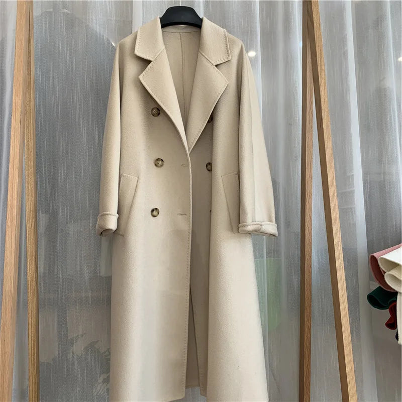Wool Blends Autumn and Winter Luxury 2023 New Double-sided Cashmere Overcoat Women's Long Length High-end Lapel Coats with Belt