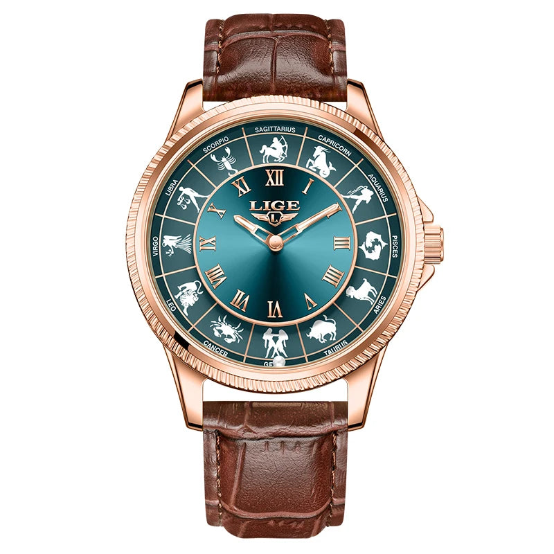 LIGE Creative Constellation Mens Watches Business Belt Man Wristwatches Luminous Waterproof Watch for Men 12 Constellations