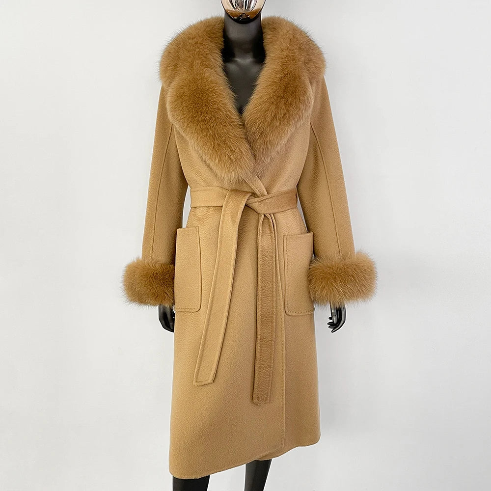 100% Wool Water-Corrugated Woolen Coat with Detachable Fox Fur Collar Women Daily Casual Wear 2024 Autumn Winter Original Design