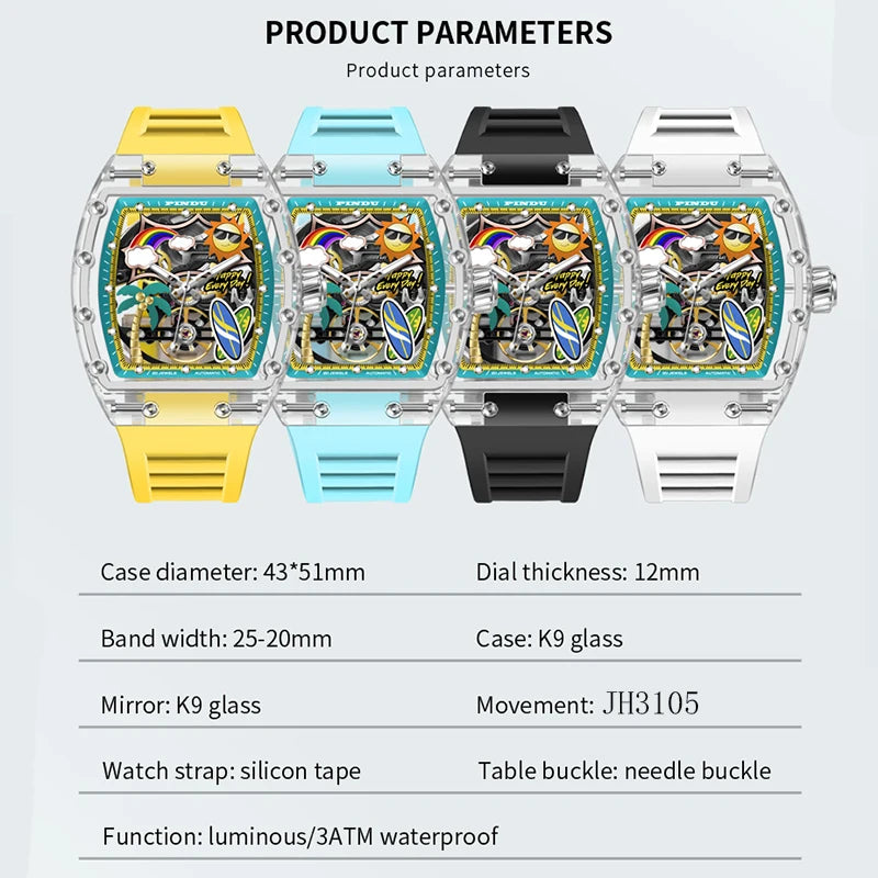 New PINDU Watch Unique Dial Design Style Men Mechanical Watch Summer Beach Fashion Watch Glowing Waterproof Resin silicone strap