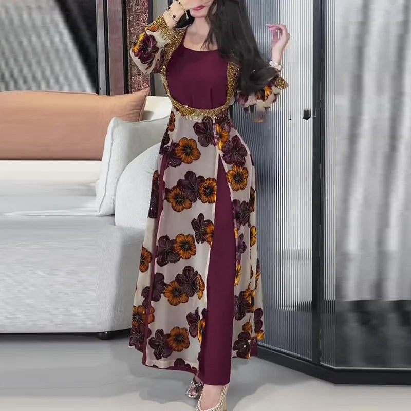 Elegant Lady Floral Printed Vintage Long Dress New Autumn Chiffon Party Dress Leisure Long Sleeve High Waist Pleat Evening Dress