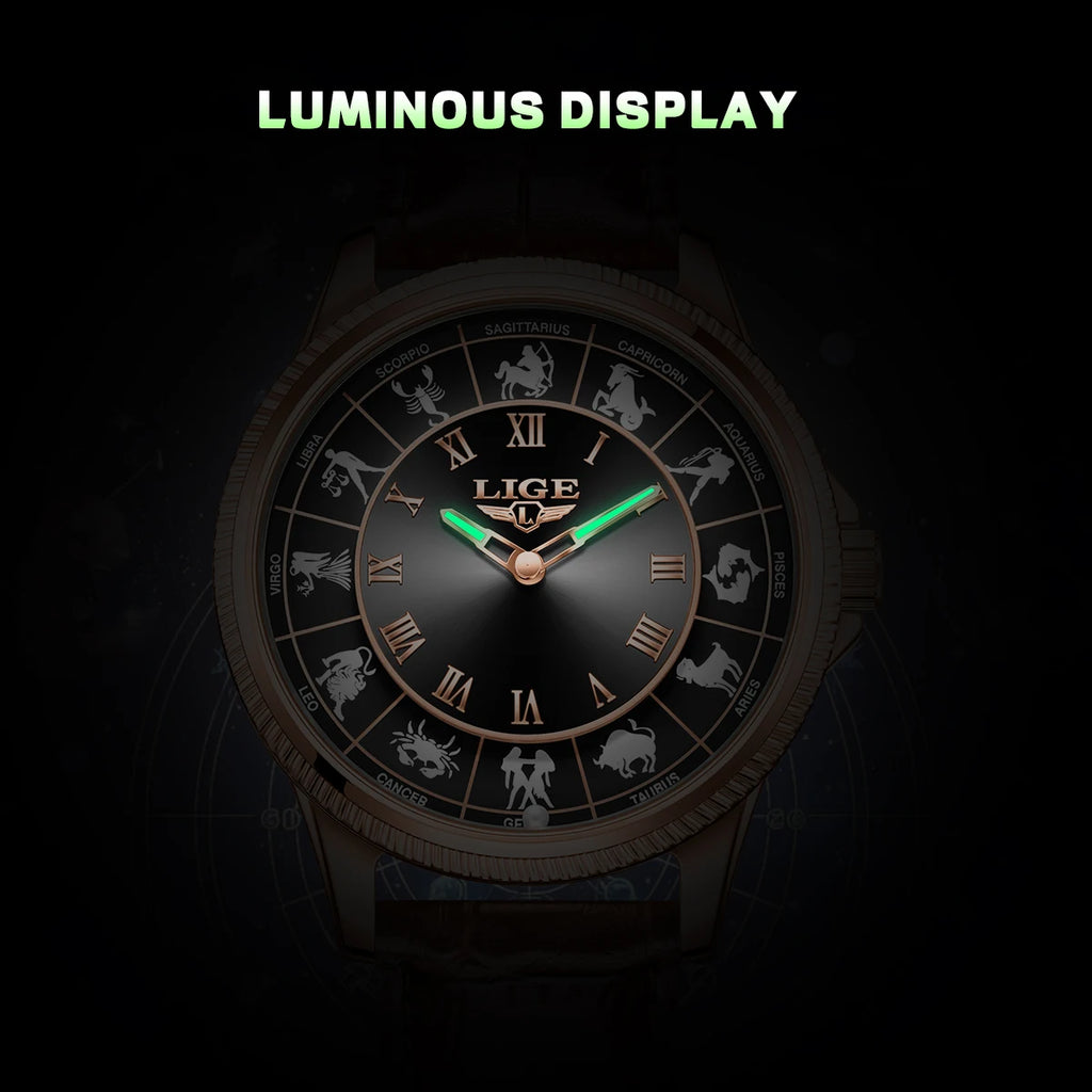 LIGE Creative Constellation Mens Watches Business Belt Man Wristwatches Luminous Waterproof Watch for Men 12 Constellations