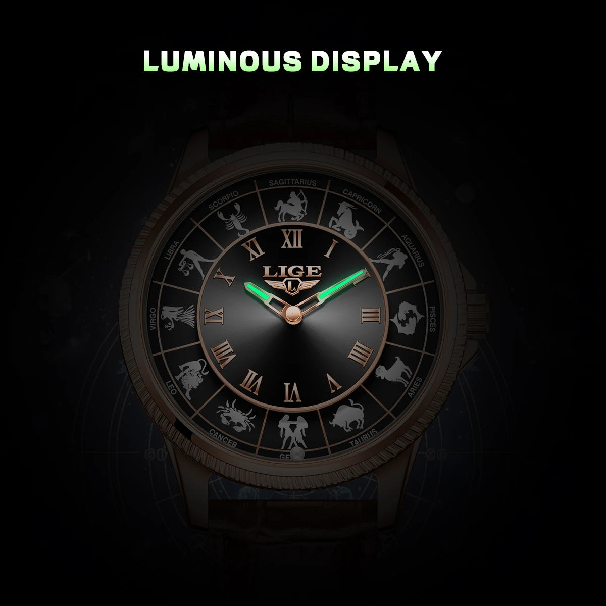 LIGE Creative Constellation Mens Watches Business Belt Man Wristwatches Luminous Waterproof Watch for Men 12 Constellations