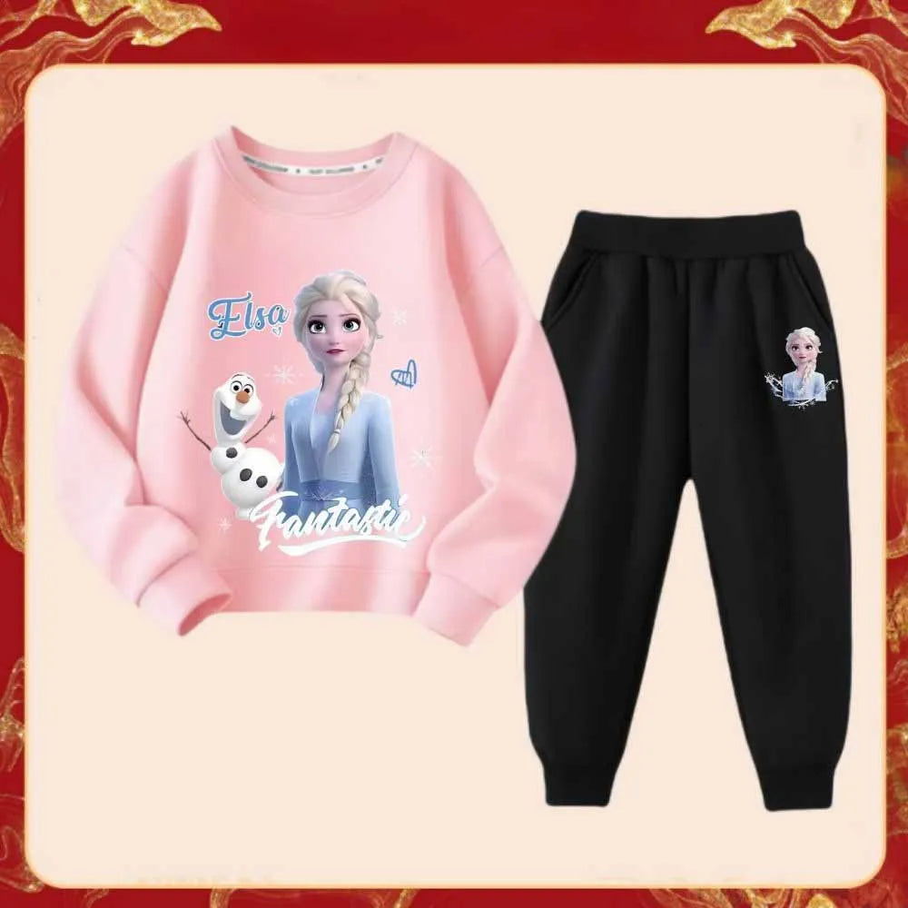 Disney Frozen Elsa Princess Girl's Fashion Cartoon Printed Tracksuits Spring Kid's Long Sleeve Sports Two-piece Suit Sweatshirt