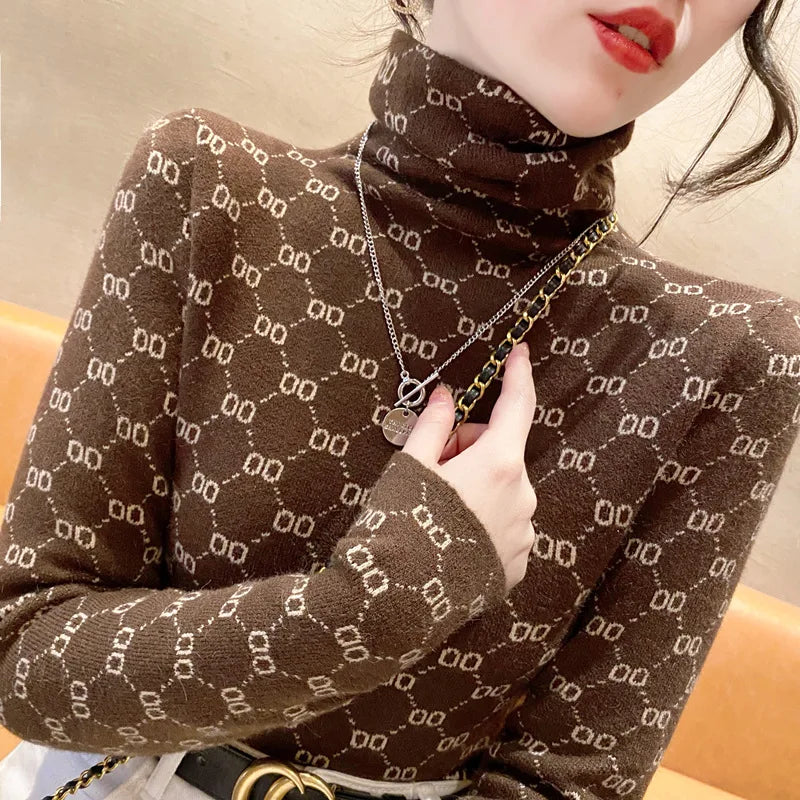 Autumn Winter New Vintage All-match Long Sleeve Half High Collar Sweaters Women Clothing Fashion Slim Geometric Knitted Pullover