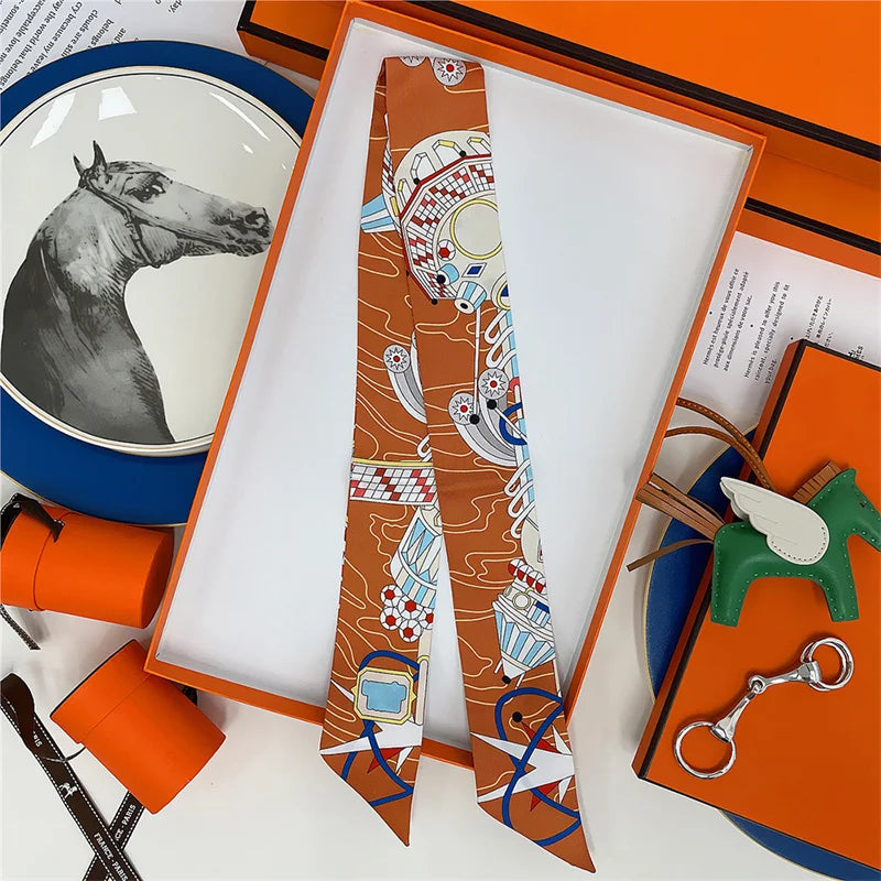 100% Silk High Quality Luxury Brand Scarf Women Headband Hair Band Foulard Tie Ribbon Neckerchief Skinny Scarves Accessories