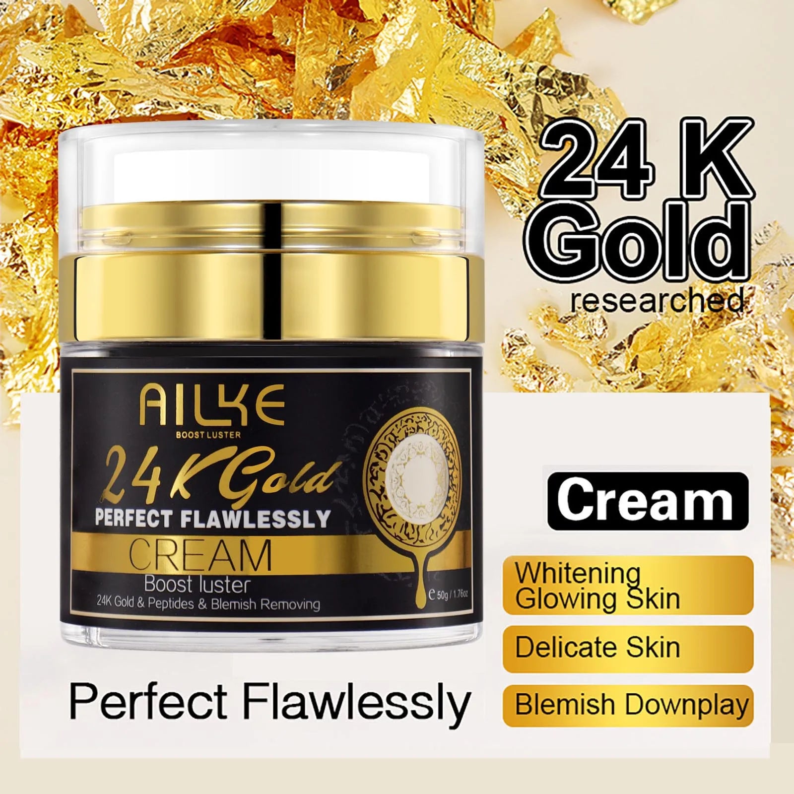 AILKE 24k Gold Perfect Flawlessly Face Cream, Whitening, Reduce Dark Spots, Melanin, Improve Dull Skin, With Glutathione Vitamin