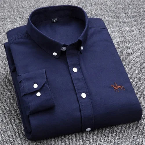 Casual Pure Cotton Oxford Mens Shirts Long Sleeve Embroidery Horse Design Regular Fit Fashion Button Man White Dress Shirt
