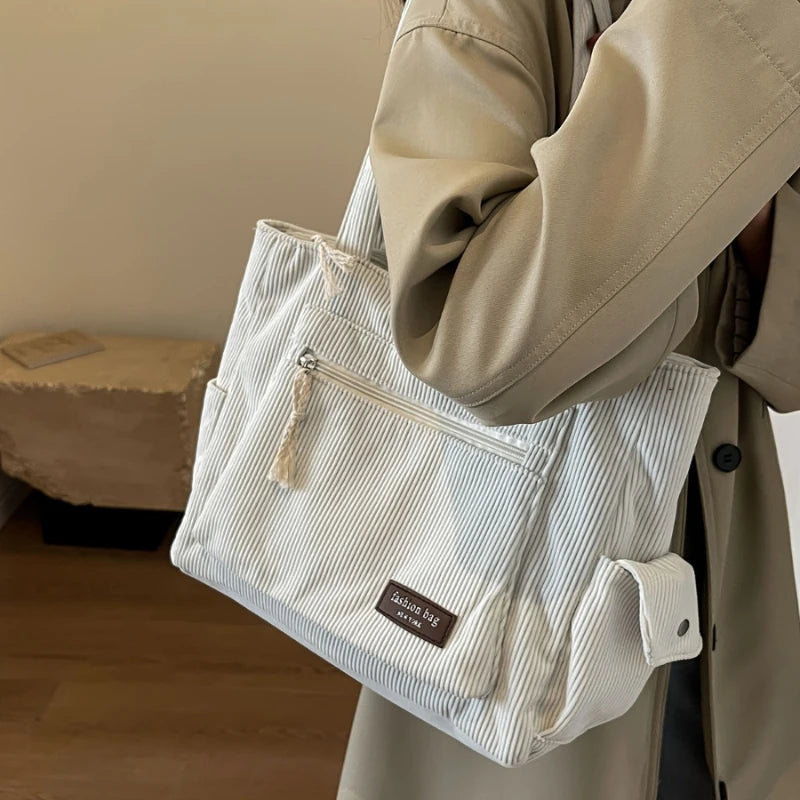 Simple Corduroy Tote Bag, Solid Color Shoulder Bag, Retro Multi Pockets Handbag For School Work Shopping
