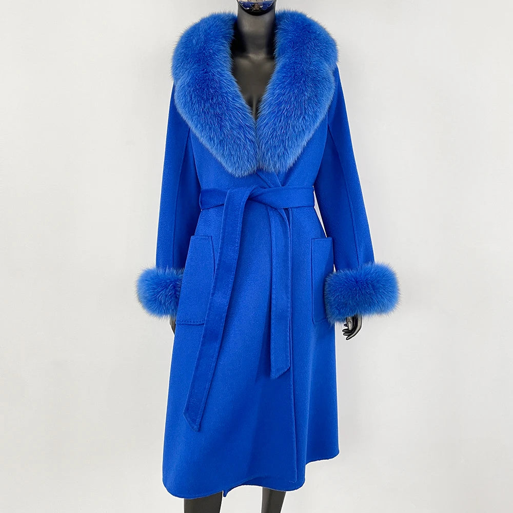 100% Wool Water-Corrugated Woolen Coat with Detachable Fox Fur Collar Women Daily Casual Wear 2024 Autumn Winter Original Design