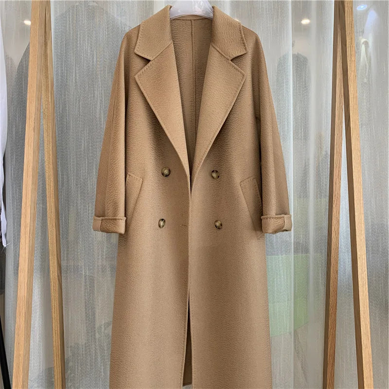 Wool Blends Autumn and Winter Luxury 2023 New Double-sided Cashmere Overcoat Women's Long Length High-end Lapel Coats with Belt