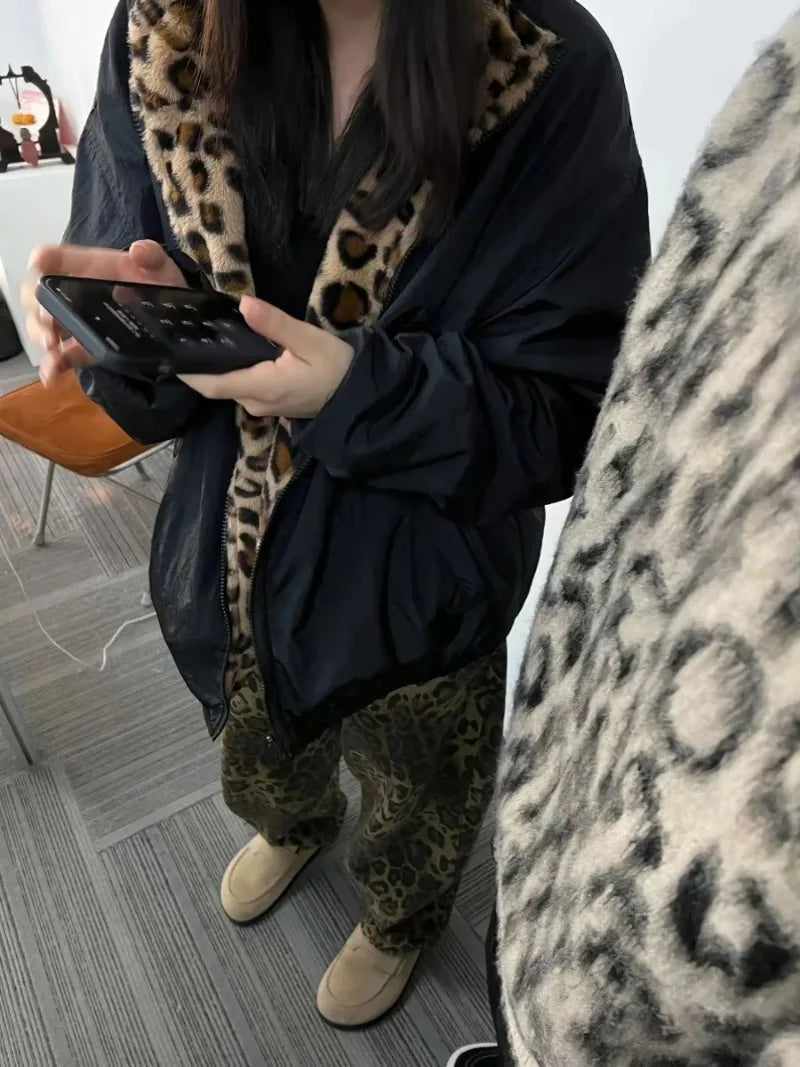 American Retro Harajuku Leopard Print Reversible Zipper Jacket Women Streetwear Trendy Casual Autumn and Winter Warm Plush Coat