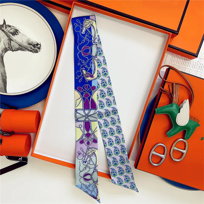 100% Silk High Quality Luxury Brand Scarf Women Headband Hair Band Foulard Tie Ribbon Neckerchief Skinny Scarves Accessories