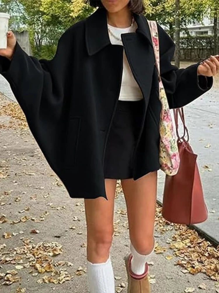 Women's Oblique Button Loose Batwing Sleeve Jacket Coat Lapel Double Pocket Warm Solid Vintage Outerwear Fall Winter Coat