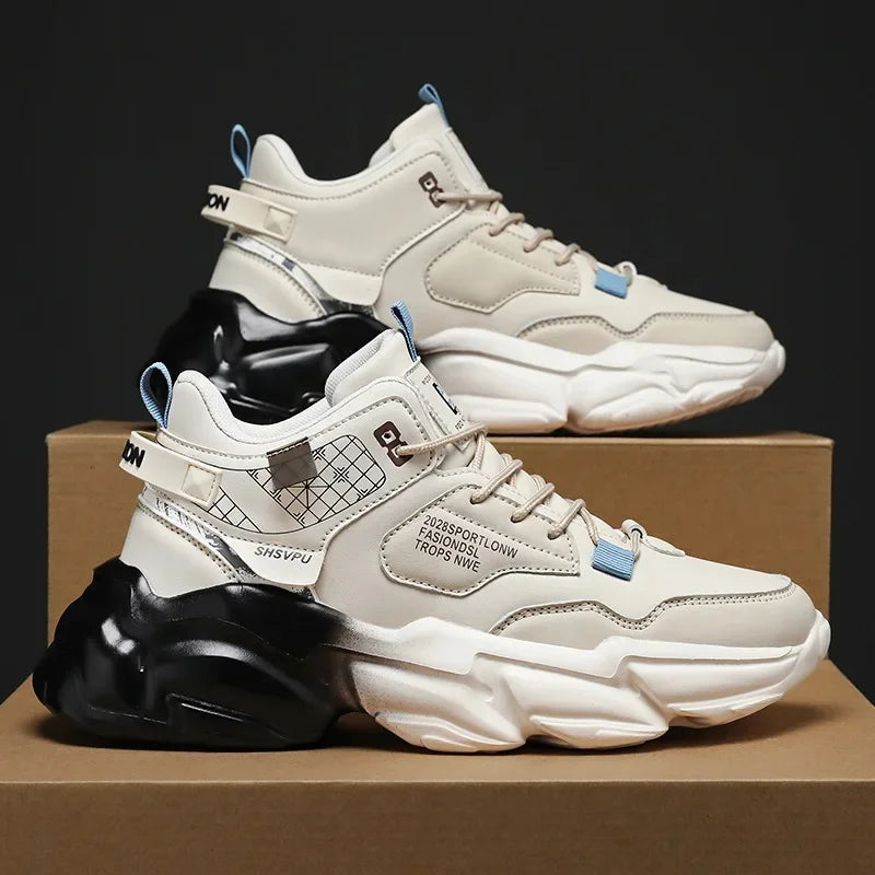 Waterproof Leather Sports Shoes High Top Casual Footwear For Youth Versatile Height Increasing Sunset Lasting Five Seasons