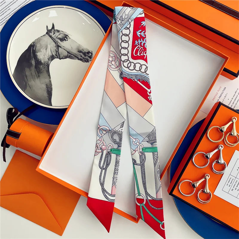 100% Silk High Quality Luxury Brand Scarf Women Headband Hair Band Foulard Tie Ribbon Neckerchief Skinny Scarves Accessories