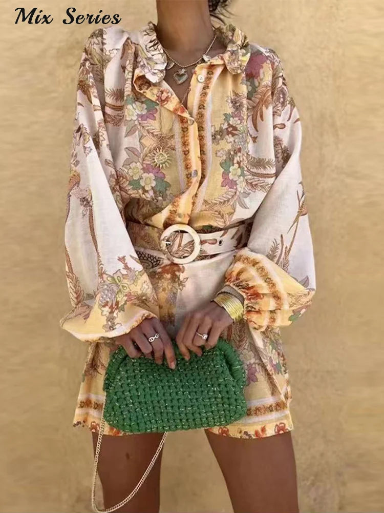 Casual Print Tops Shorts Sets Women's Loose Stand Collar Lantern Sleeve Top High Waist Short Pant 2025 Summer Lady Vacation Suit