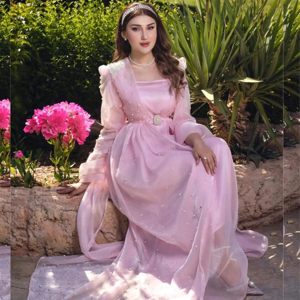 Customized  Evening Organza Pearl Beading Prom A-line Square Neck Bespoke Occasion Gown Long Dresses  Sexy Casual