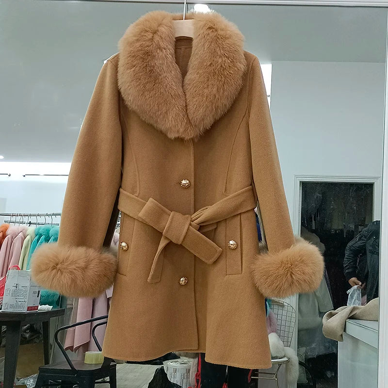 2023 Winter Real Fox Fur Coat Women Wool Jacket With Natural Fox Fur Collar Slim Female Woolen Cashmere Outwear