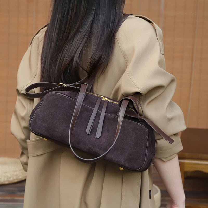 Toptrends Suede Cow Genuine Leather Underarm Shoulder Bags For Women New 2025 Luxury Designer Bowling Totes Work Ladies Handbags