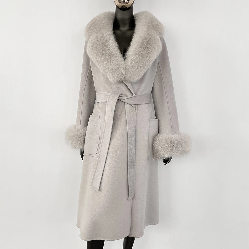 100% Wool Water-Corrugated Woolen Coat with Detachable Fox Fur Collar Women Daily Casual Wear 2024 Autumn Winter Original Design