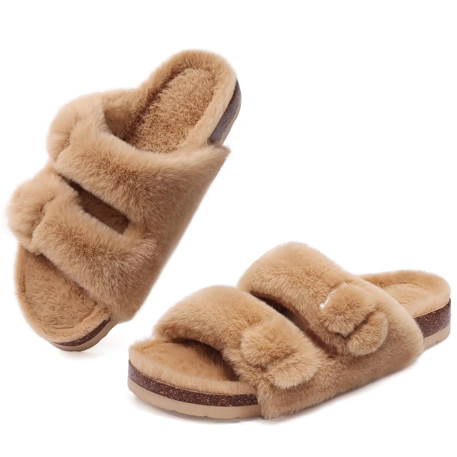 Litfun Winter Women's Fluffy Cork Slippers Comfy Arch Support Fuzzy Slippers Open Toe Plush House Slides With Adjustable Buckle