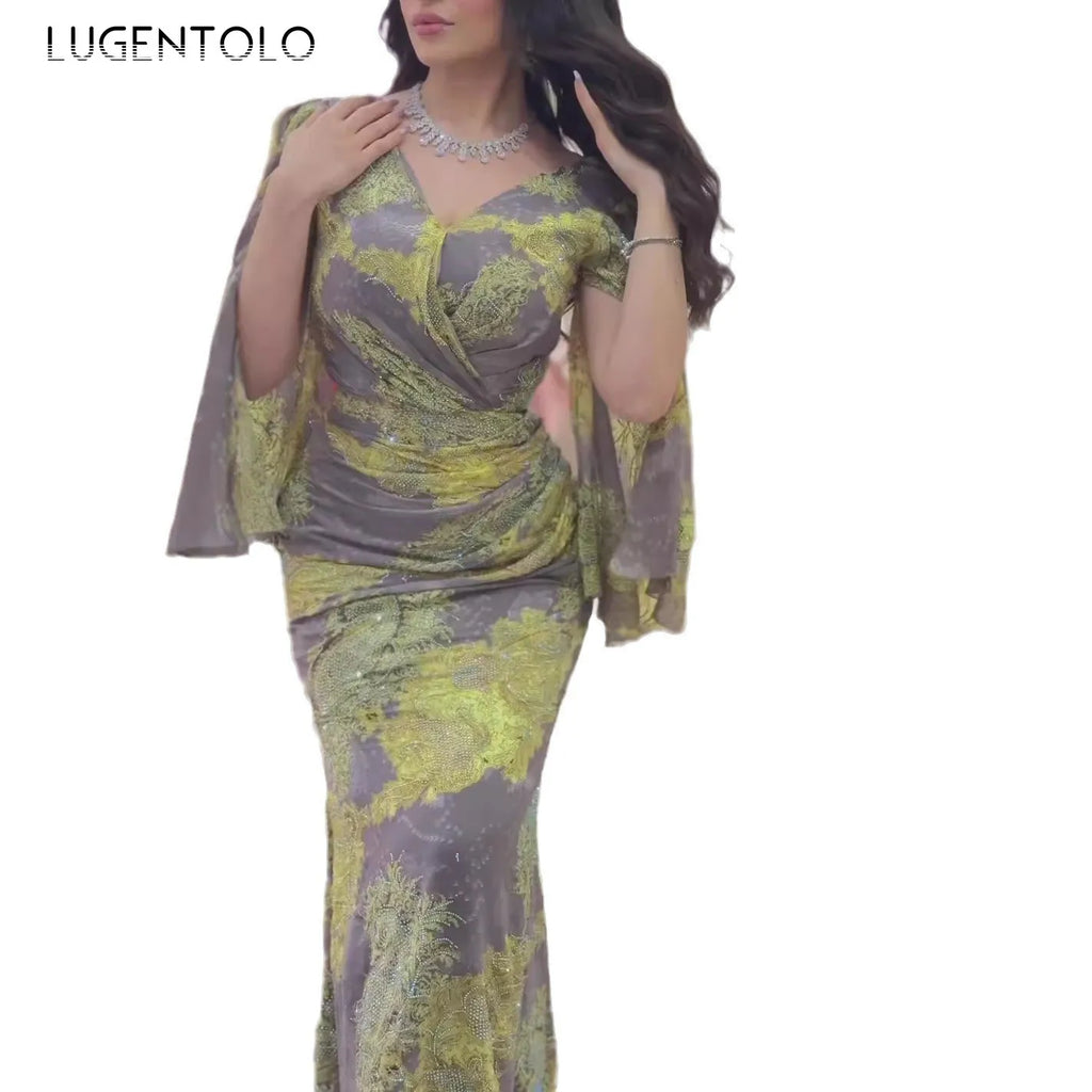 Women Chiffon Sexy Dress Big Swing Print Banquet Long Sleeve V-neck Slim Lady Elegant Cocktail Party Empire New Clothing