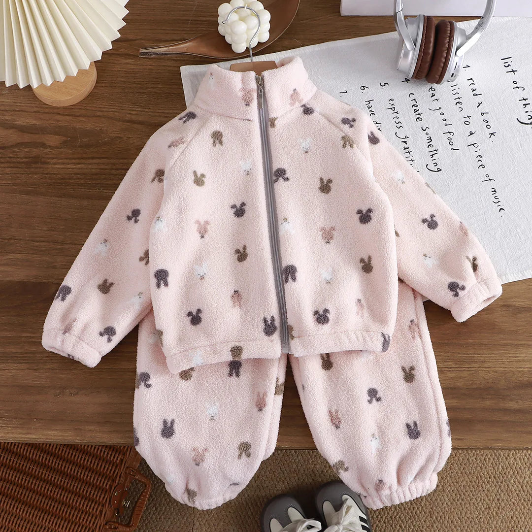 Baby Boy Girl Plush Fleece Tracksuit Sets 1-8Y Thickened Warm Cartoon Print Zipper Jacket Pants 2Pcs Kids Autumn Winter Outfit
