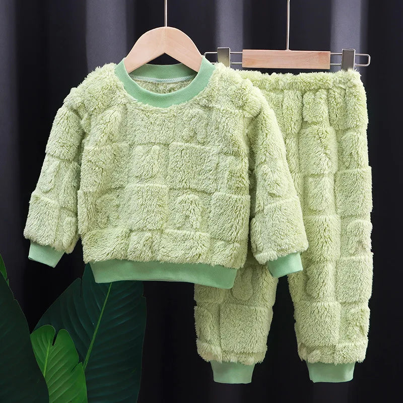 1Set Kids Warm Clothing Sets Winter Flannel Homewear Sets Children's Thermal Pajamas Boys Girls Thick Coral Velvet Two-piece Set