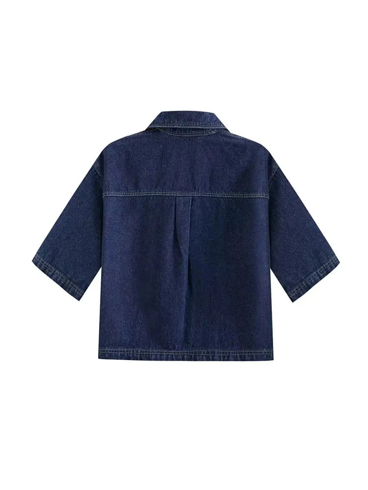 2025 Women's Fashion Flip Pocket Decoration Short Flip Collar Slim fit denim Top + Asymmetric Denim Skirt 2 Piece Set