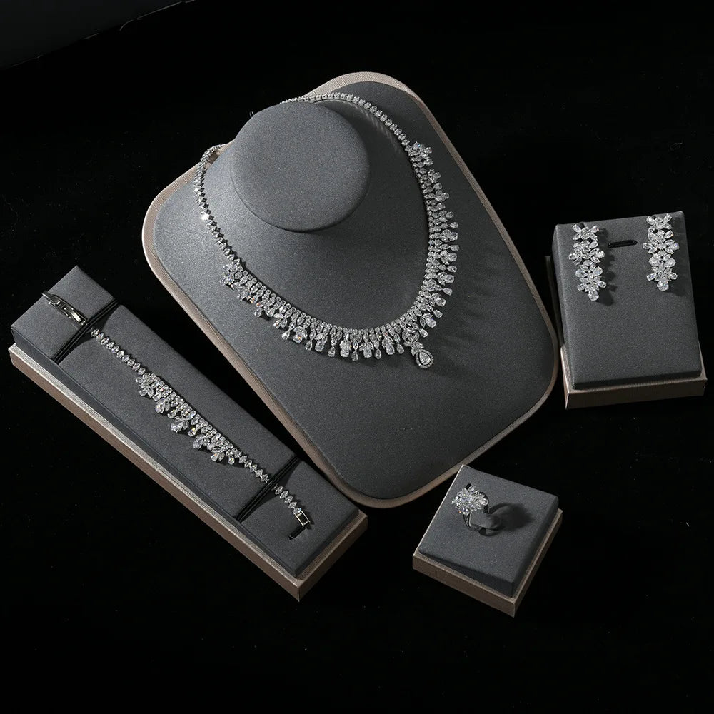 4pcs Bridal Jewelry Sets For Wedding Zirconia CZ Saudi Dubai Indian Necklace Earring Bracelet Set For Women Party Prom Jewelley