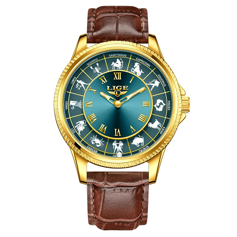 LIGE Creative Constellation Mens Watches Business Belt Man Wristwatches Luminous Waterproof Watch for Men 12 Constellations