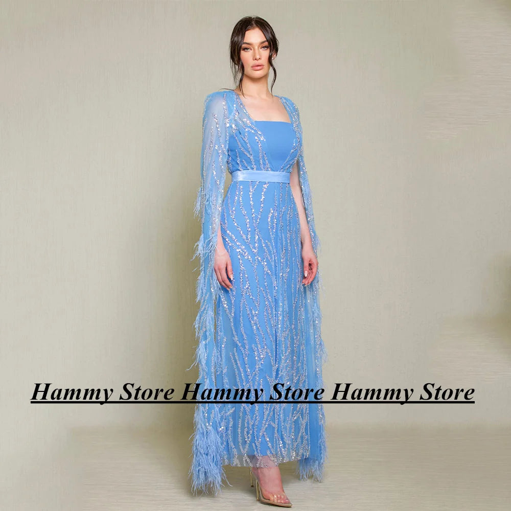 Lilac Evening Party Dresses Customized Feathers Jacket New Arrival Strapless Velour Belt Ankle Length Prom Gown Robe De Soiree