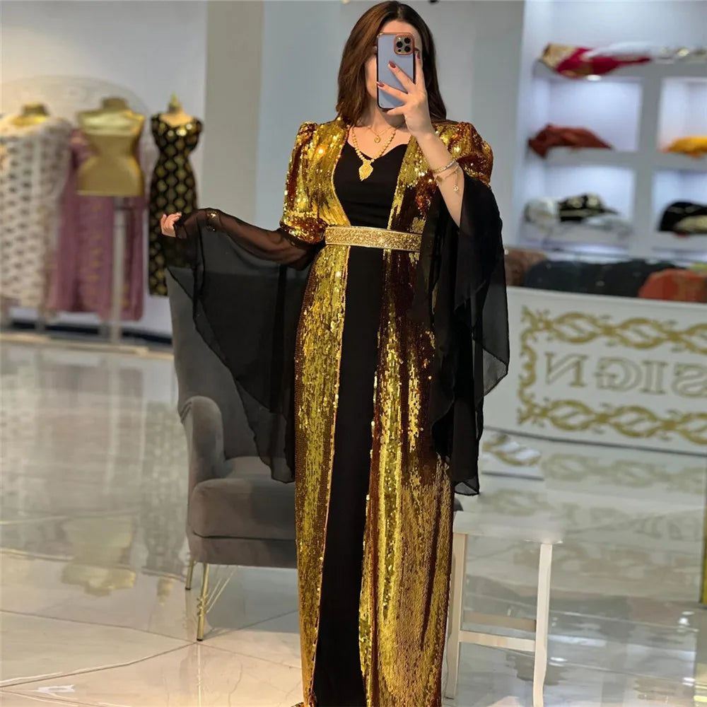 Customized Luxury Black Gold Mermaid Evening Dress V-Neck Long Flare Sleeves Sequin Prom Gown Belt Floor Length Algerian Outfit