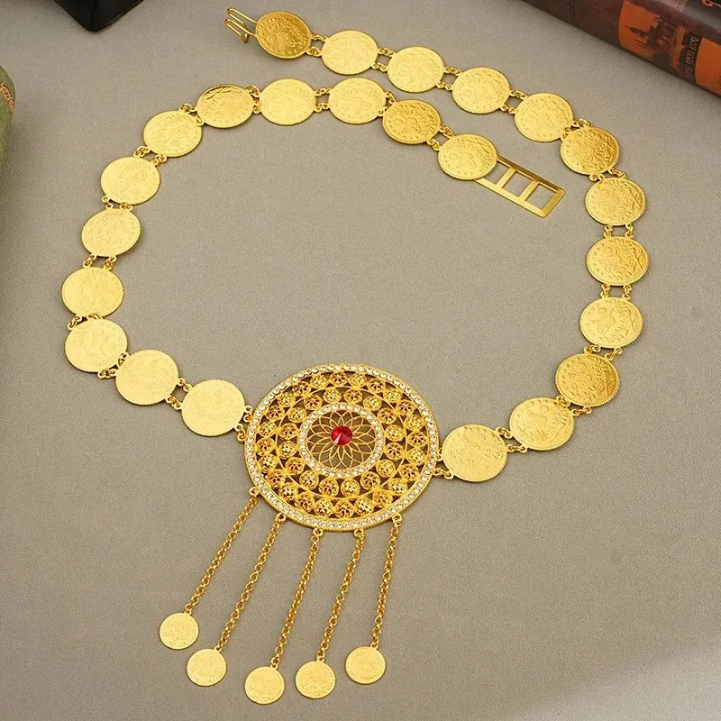 Oman Kurdistan Women Body Chain Coin Tassel Waist Chain Middle East Bridal Jewelry Turkey Coin Gold Plated Belt Free Shipping