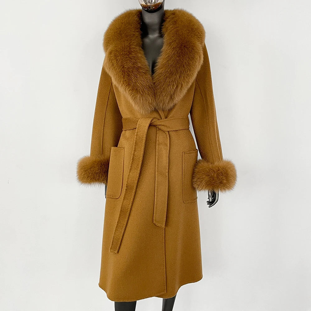 100% Wool Water-Corrugated Woolen Coat with Detachable Fox Fur Collar Women Daily Casual Wear 2024 Autumn Winter Original Design