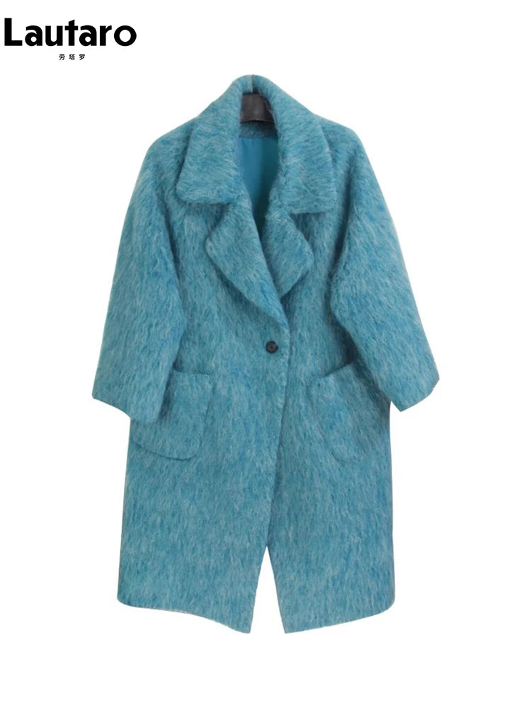 Lautaro Winter Long Blue Fluffy Oversized Warm Wool & blends Coat for Women Single Button Pockets Luxury Clothes Woolen Overcoat