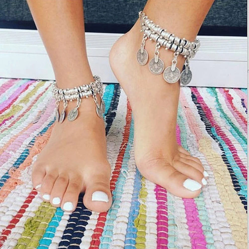 Vintage Coins Tassel Bracelet Anklet for Women Boho Gypsy Indian Ethnic Tribal Festival Statement Bangles Afghan Turkish Jewelry