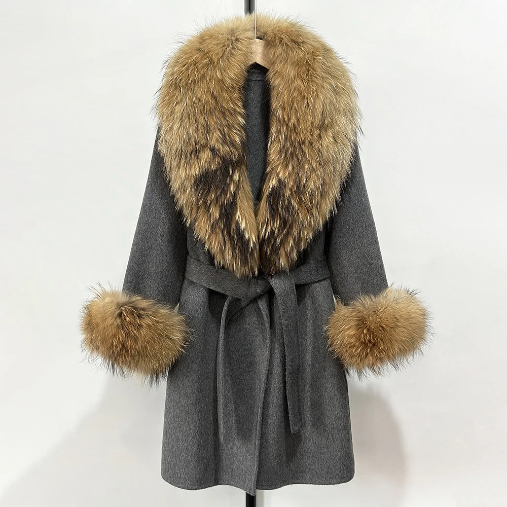 Elegant Woolen Jacket Autumn Winter Wool Coat Women Real Fox Fur Collar Single Breasted Wool Blends Jacket Natural Raccoon Fur