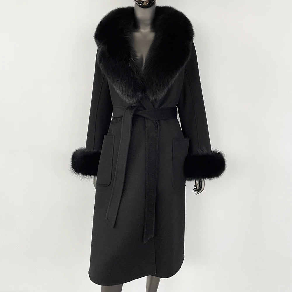 100% Wool Water-Corrugated Woolen Coat with Detachable Fox Fur Collar Women Daily Casual Wear 2024 Autumn Winter Original Design