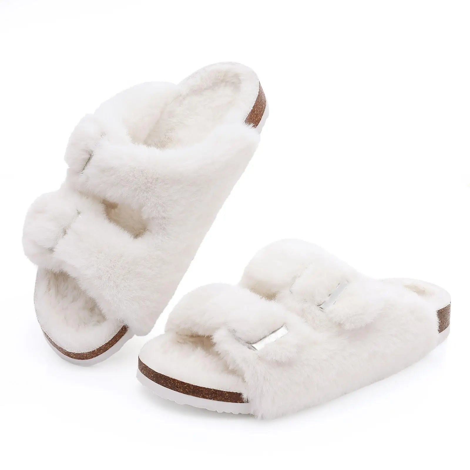 Litfun Winter Women's Fluffy Cork Slippers Comfy Arch Support Fuzzy Slippers Open Toe Plush House Slides With Adjustable Buckle