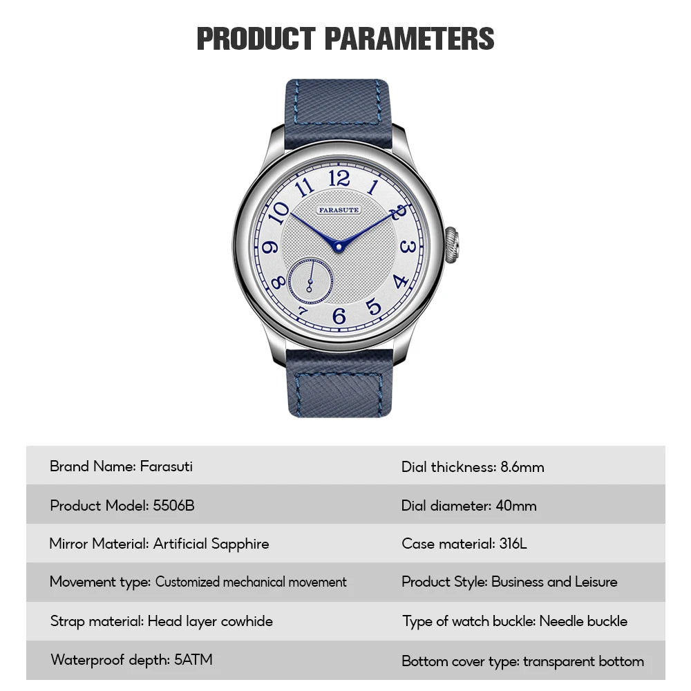 FARASUTE NEW Machinery Men Watch Salmon Dial St17 Manual Mechanical Watch Small Second Vintage Bonklip Bracelet