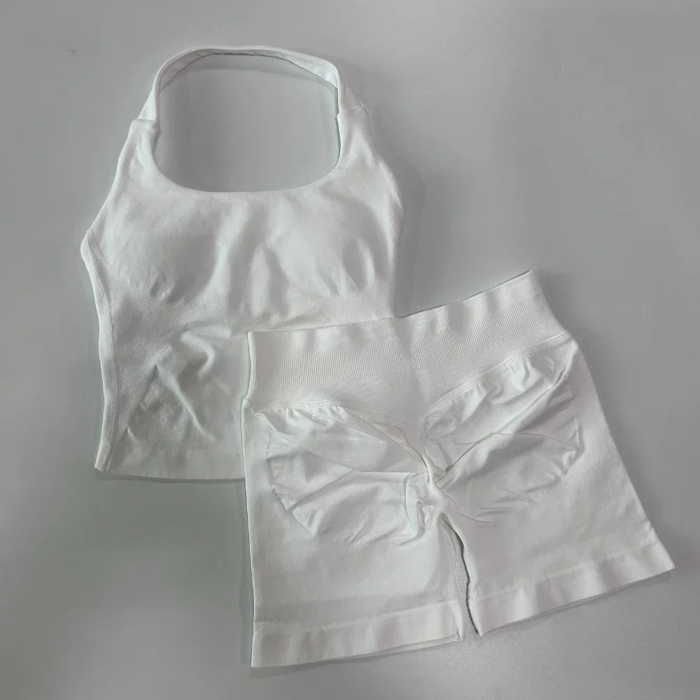 2 Pieces Sports Set Women Backless Halter Tops High Waist Seamless Hight Stretch Shorts Gym Suit Sportswear Workout Sets
